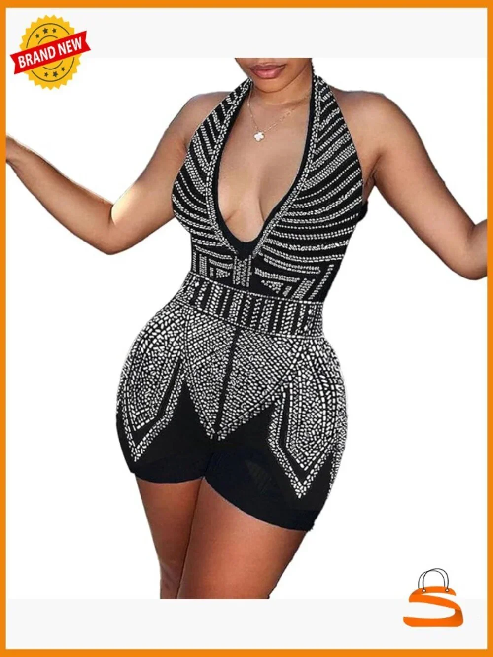 Sexy Rhinestone Halter Deep V Neck Romper Jumpsuit Sleeveless Party